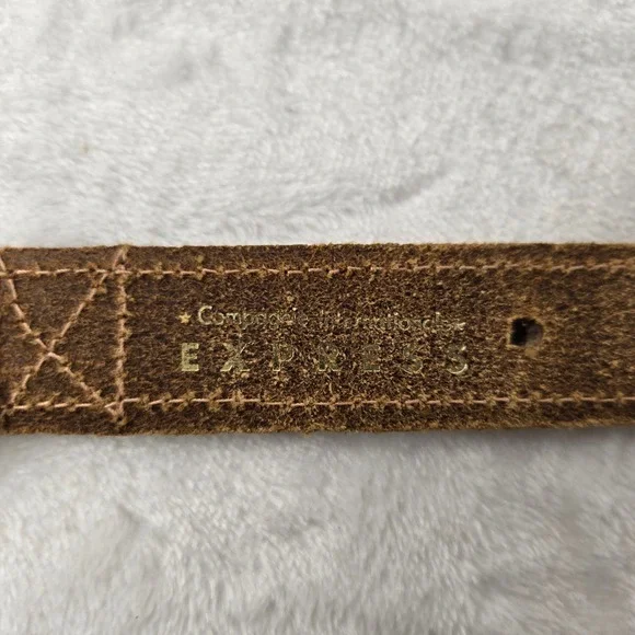 Vintage Express Brown Genuine Leather Wood Bead Gold Metal Link Belt Womens M