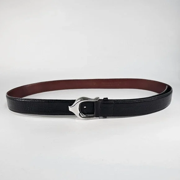 Brian Toohey Leather Belt 42 Black & Silver Hardware Croc Embossed Made In USA
