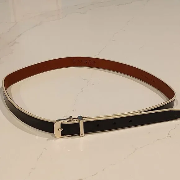 Lauren Ralph Lauren Leather Belt in Black and White Solid Brass Buckle Size L