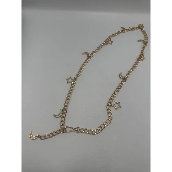 Gold Tone Celestial Moon and Star Charm Chain Belt Adjustable Curb Link
