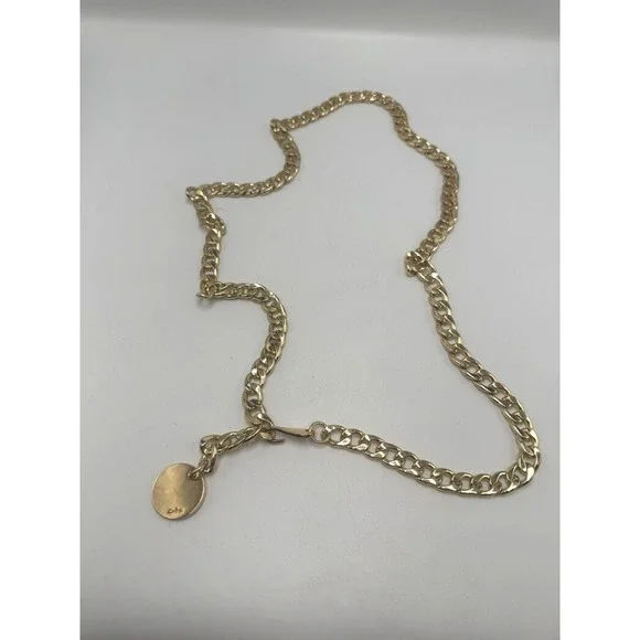 Gold Tone Curb Chain Belt with Logo Charm Adjustable Hook Closure 44 Inch