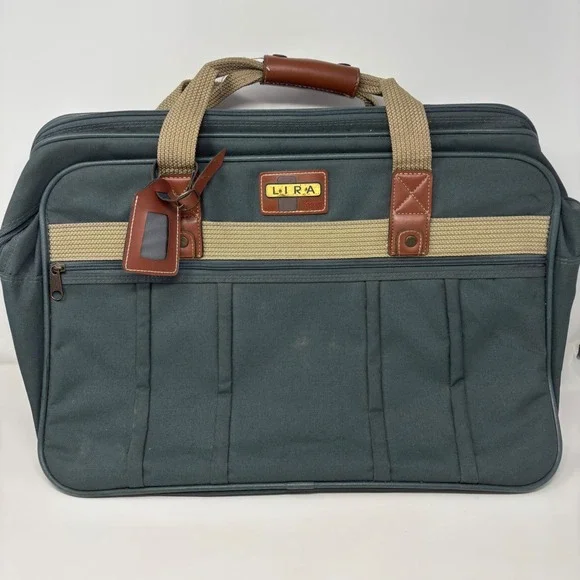 Lira by Ascot Vintage Canvas Briefcase Laptop Bag Green Brown Trim Carry On 20