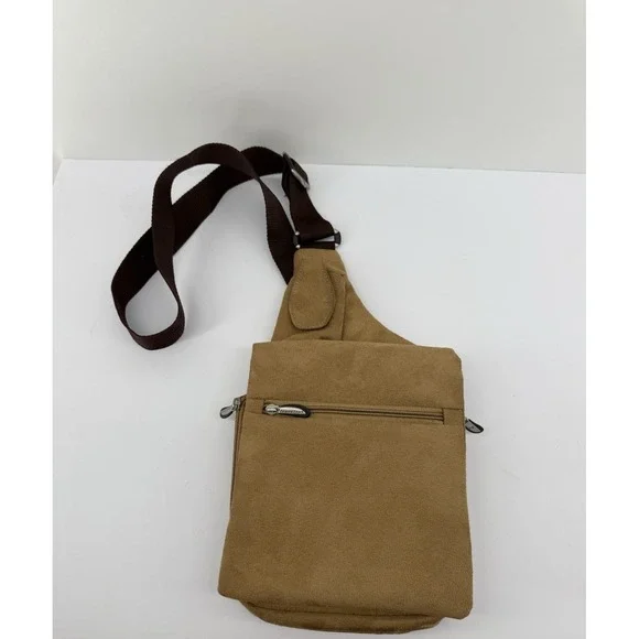 Travelon Anti-Theft Sling Bag Tan Faux Suede Crossbody Travel Shoulder Bag