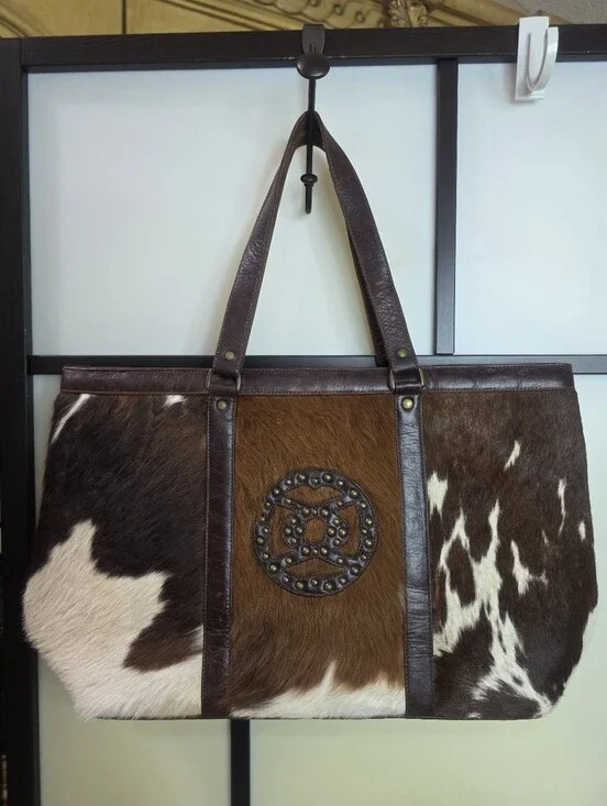 Stylish Oversize Brown Calf Hair Cowhide Leather Travel Patchwork Bag 21