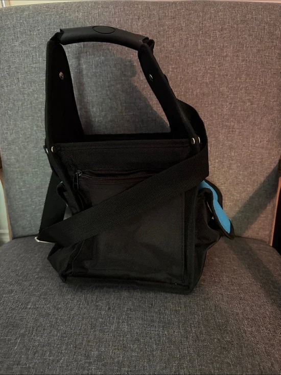 Black Craft Utility Shoulder Bag with Blue Accent pockets. Clips. Divider