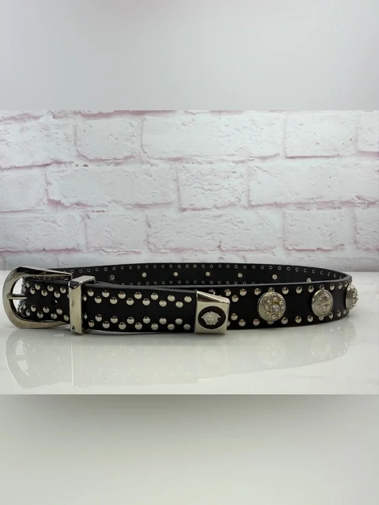 Rare 90s Gianni Versace Studded Leather Medusa Black Belt 70/28