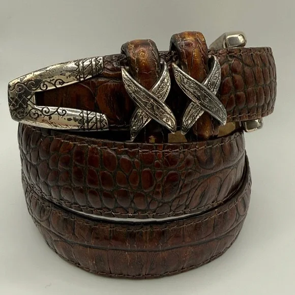 Brighton Belt Womens Brown Crocodile Embossed Western Silver Ornate Hardware