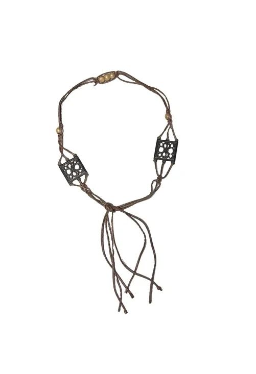 Vintage Womens Tie Waist Belt Wooden Beads Brass Filigree Boho Faux Leather 48