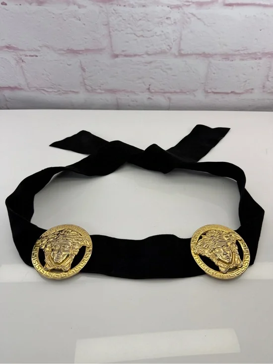 Gianni Versace 90s RARE Medusa Medallion Black Velvet Belt Tie