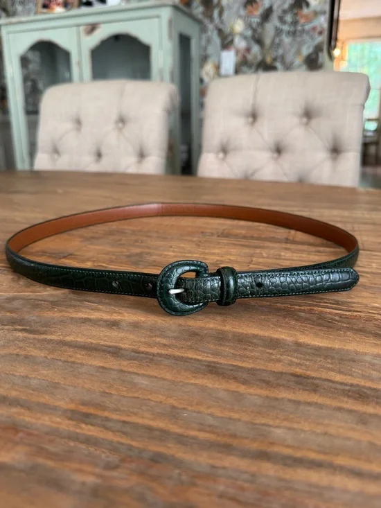 Vintage Lauren Ralph Lauren Dark Forest Green Croc Embossed Thin Belt Sz L 36