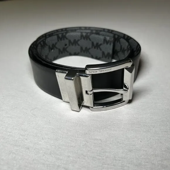 Michael Kors reversible belt, black / gray logo, silver buckle, Size M (est)