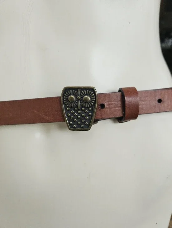 3D Brass MCM Style Owl Buckle Narrow Brown Leather Belt Size L