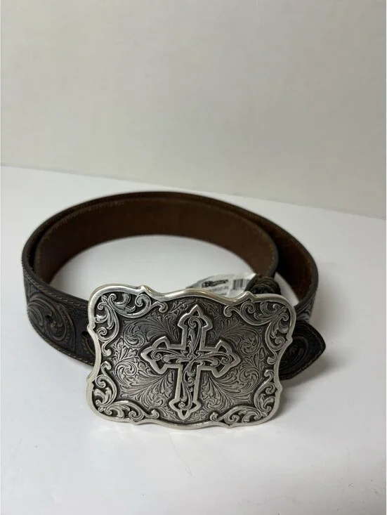 Nocona Women's Leather Belt Size XL Brown Tooled Floral And Cross Western