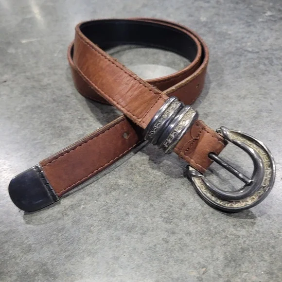 VTG A. Brod Belt Med Brown Leather Western Silver Buckle Engraved Cowgirl Rodeo