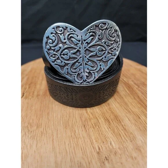 Vintage Fossil Black Leather Belt Embossed Floral W/ Heart Shaped Buckle M