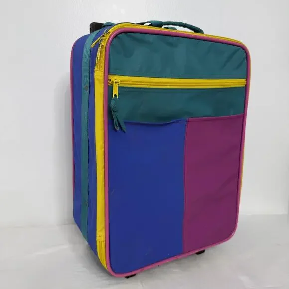 Vintage Color Block 90s Rolling Suitcase Luggage Case Upright Travel Bag Wheels