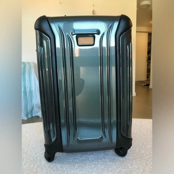 Tumi Metallic Carbon Fiber-Pattern Carry-On with Tan Leather Accent hunter green