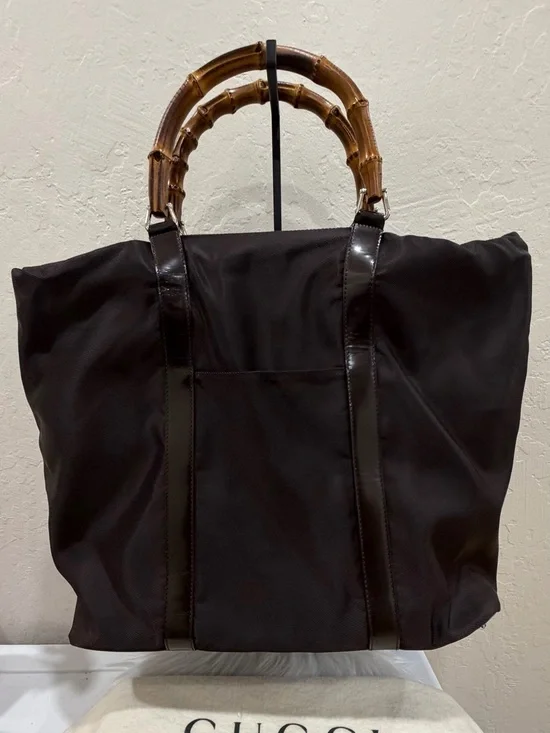 Gucci Black Nylon Tote with Bamboo Top Handles