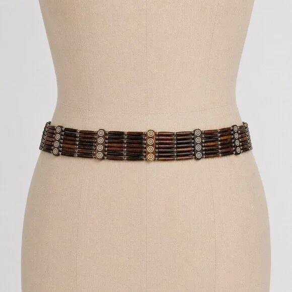 Vintage Tribal Bone Belt Tube Bead Multi-Strand Carved Circle Boho brown womens