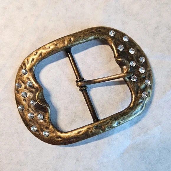 Vintage Handmade Hammered Solid Brass Rhinestone Belt Buckle Western Boho