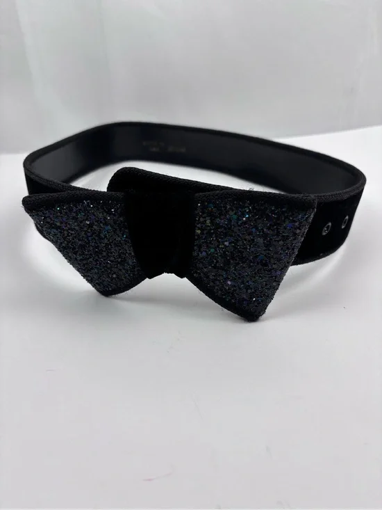 Vintage Black Velvet Glitter Bow Belt Made in USA Retro Statement Waist Belt M