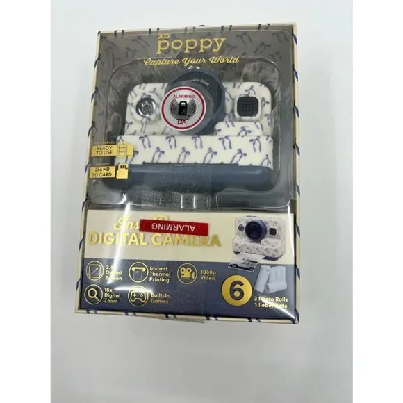 NIB XO Poppy White Digital insta-print Camera with Blue ribbon Accents