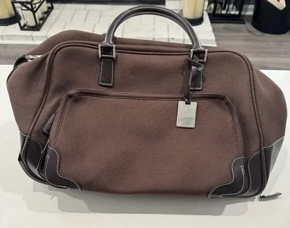 Polo Ralph Lauren Nylon Duffel Rolling Bag Luggage Suitcase Brown Leather Carry