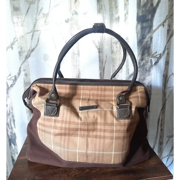 Eddie Bauer Brown Plaid Canvas and Dark Brown Leather Top-Handle Bag