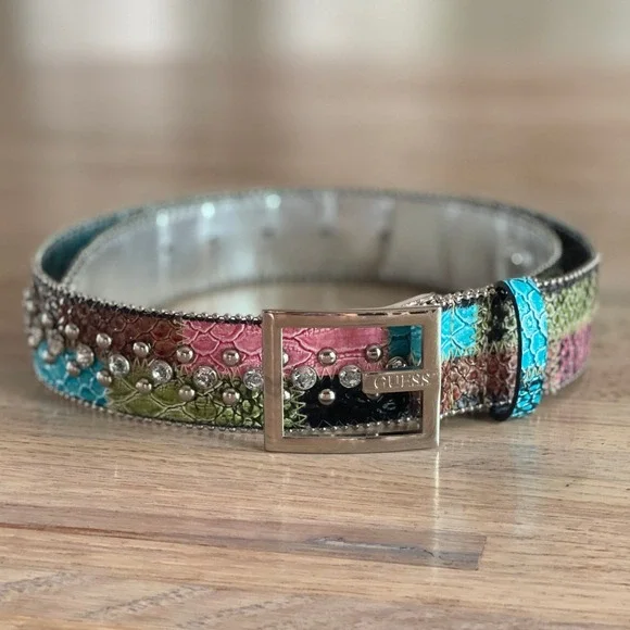 Guess Womens Patchwork Snakeskin Studded Rhinestone Belt Multi Color McBling M