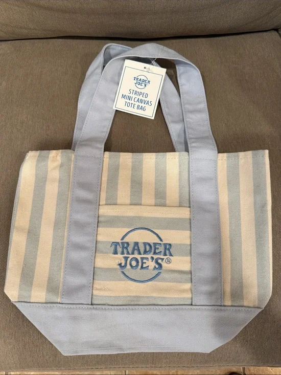 Trader Joe’s Striped Mini Canvas Tote Bag - Light Blue and Cream