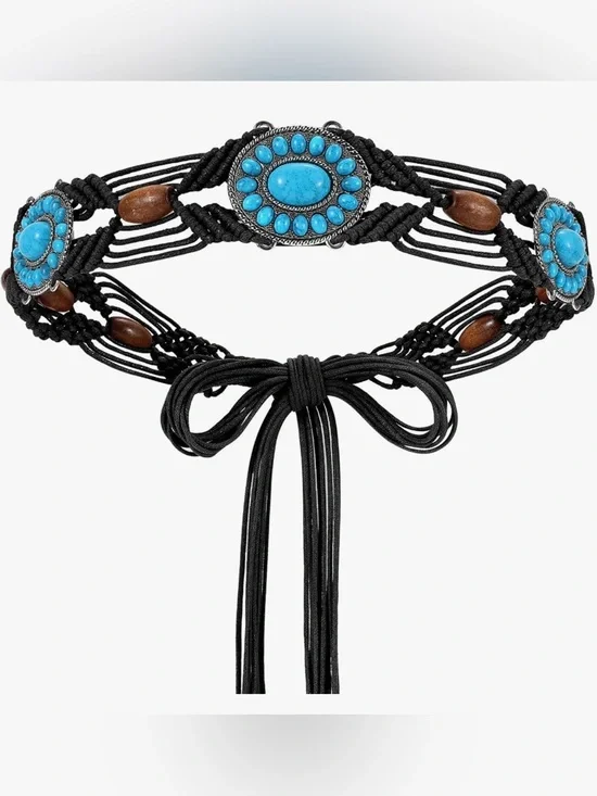 Boho Turquoise Belt for Women Wax Rope Braided Waist Belt Western Hand