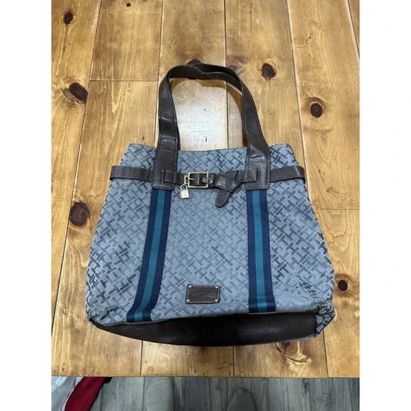 Tommy Hilfiger Monogram Gray Tote Bag Shoulder Travel Carryall Blue Stripe
