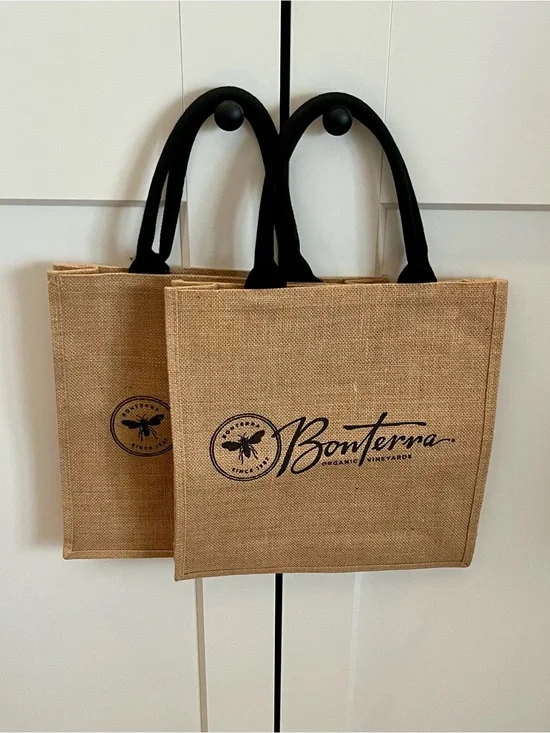 NWOT Set of Two Natural Jute Tote Bags with Black Handles- Bonterra Vineyards