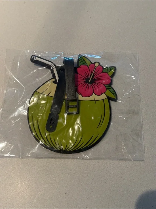 Logie Joes Golf Coconut Drink Luggage Tag with Pink Hibiscus