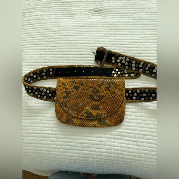 Free People Brown Snakeskin Belt Bag with Studded Strap