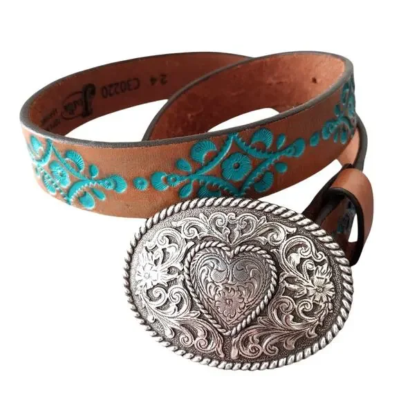 Justin Brown w/Teal Accent Tooled Leather Belt Silver-Tone Heart Buckle Women 24