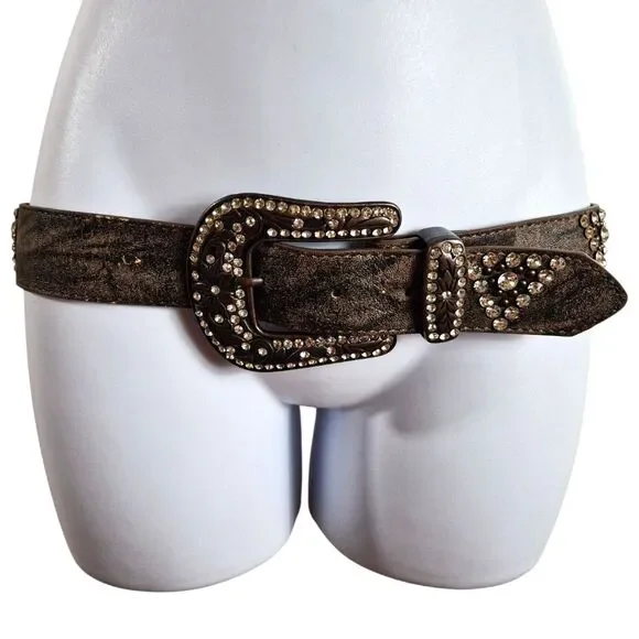 Western Bling Leather Belt Womens S/M Brown Rhinestone Cowgirl Rodeo Festival