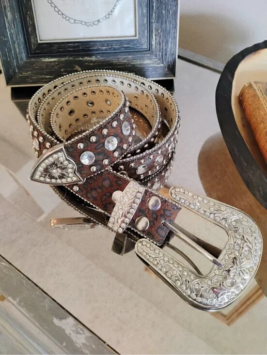 Blazin Roxx Western Rhinestone Animal Print Leather Belt Brown Cowgirl 38-44