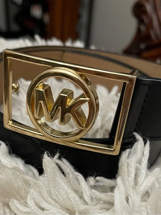 Michael Kors Black Leather Belt with Gold MK Logo Buckle
