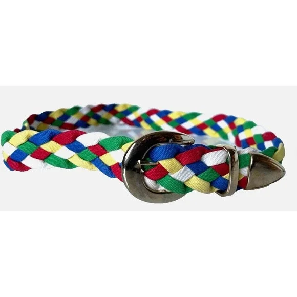 Vintage 70s 80s Braided Fabric Belt Colorful Rainbow Western Ranger Buckle M 30