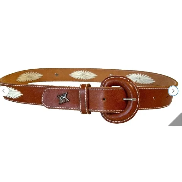90s Liz Claiborne Leather Belt M Tan Starburst Embroidered Etch Concho Stud NEW
