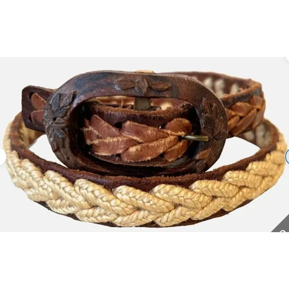 Vintage Boho Braided Leather Rope Belt M Hand Carved Wood Buckle Brown Cream