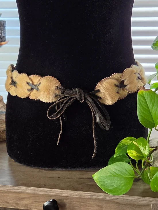 True Vintage 1960's Fur Pelt Leather Tie Belt Festival Cosplay