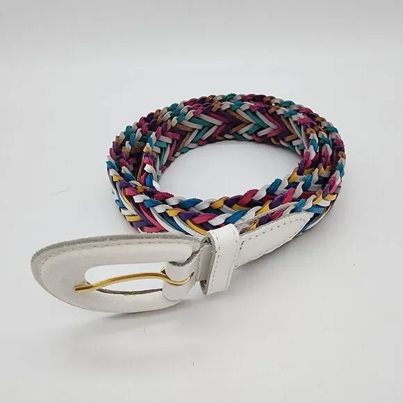 Womens Vintage Y2K Rainbow Braided Leather Belt Size L White Buckle Colorful 90s