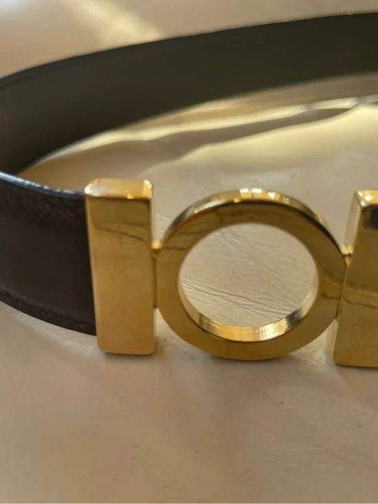 Salvatore Ferragamo Woman’s  Black Leather Belt with Gold Buckle 32 inch