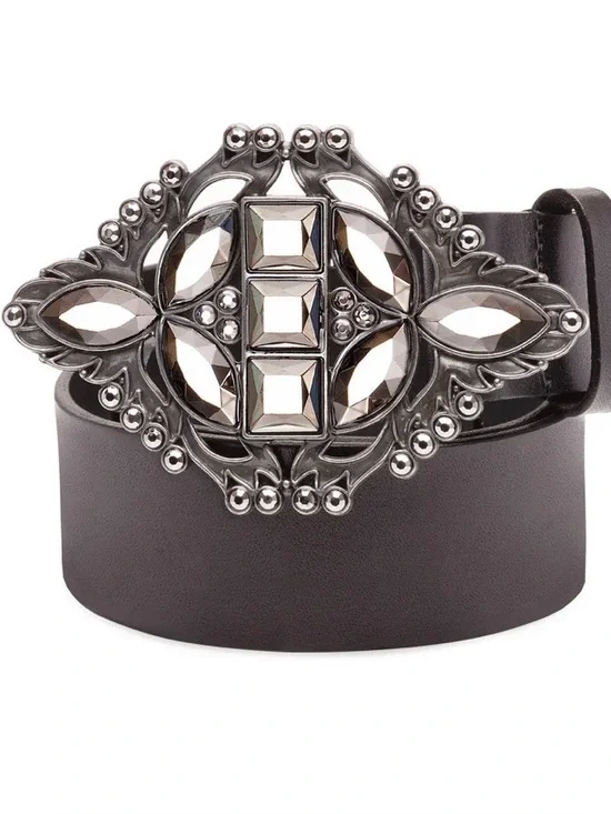 Contorno Paloma Black Leather Belt with Gunmetal Crystal Buckle
