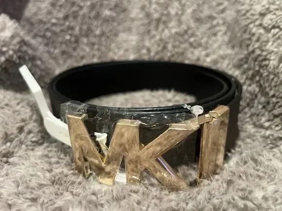 Size L Michael Kors Gold MK Logo Reversible Belt - Chocolate Brown Sig./Black FS