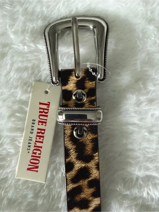 True Religion Leopard-Pattern Leather Belt in Black and Tan with Silver Buckle