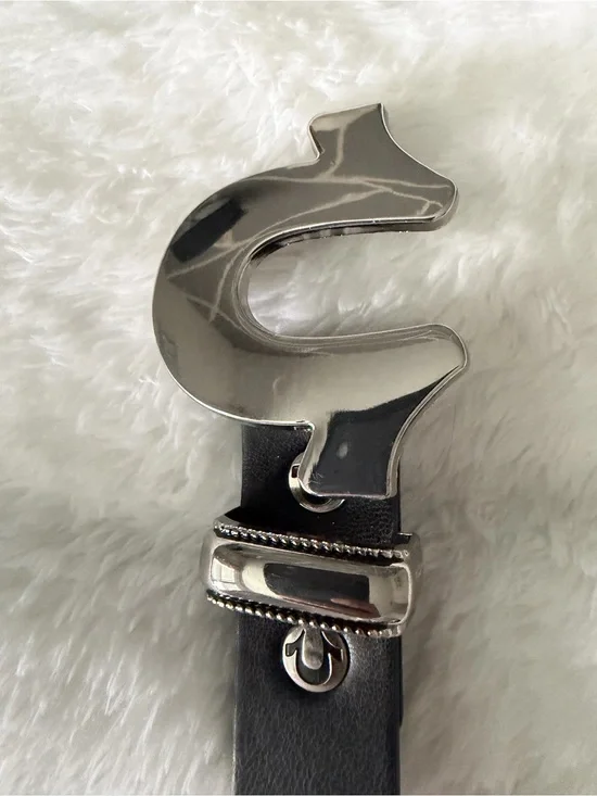 True Religion Black Leather Belt with Silver Dollar-Sign Buckle