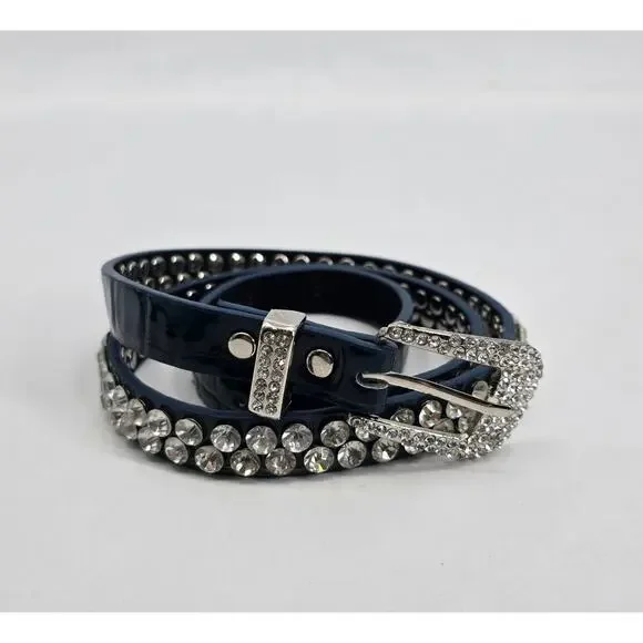 Vintage Y2K Navy‎ Patent Leather Rhinestone Studded Belt Bling Western Glam S/M